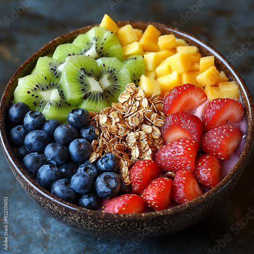  an acai bowl topped with an array of fresh fruits like kiwi, blueberries, photo