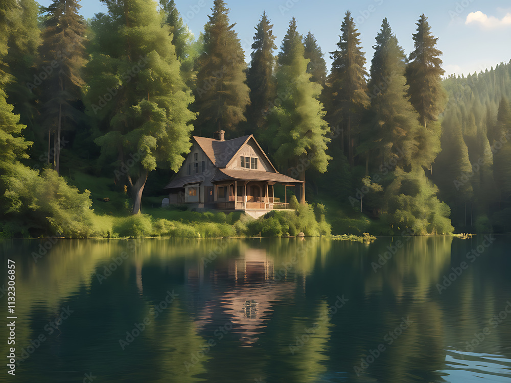 Obraz premium A house in the middle of a lake surrounded by trees