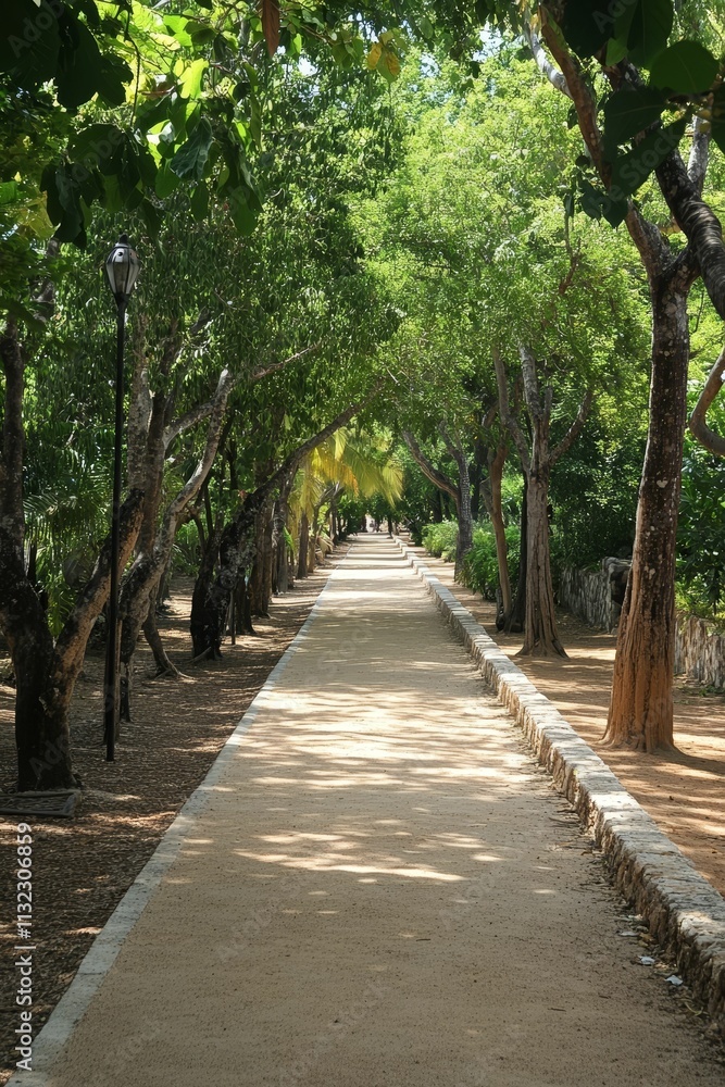 Fototapeta premium Sun-dappled path through leafy trees.
