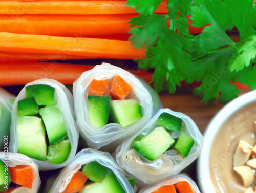  fresh vegan spring rolls filled with a variety of vegetables like carrots