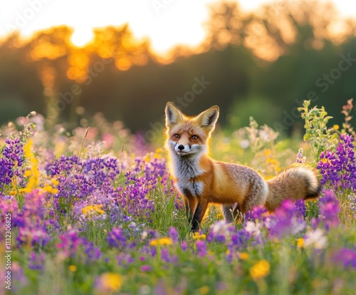 Red fox trotting through wildflower field photo