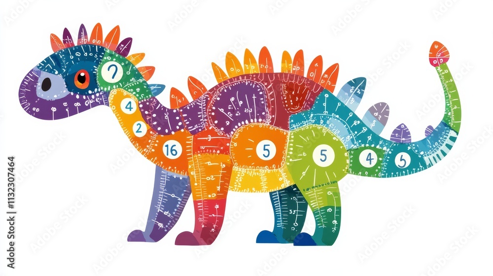 Fototapeta premium Color by number – dinosaur. Dino Activities for kids. Coloring page for activity book. Vector illustration. Logic Game for boost of fine motor skills, thinking, attention, learning of numbers.