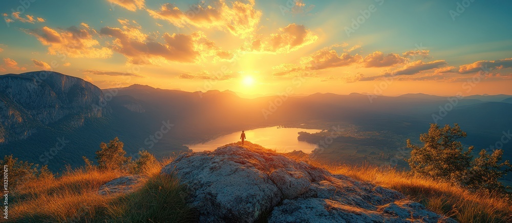 Naklejka premium Majestic sunset over mountains and lake, lone hiker on peak.