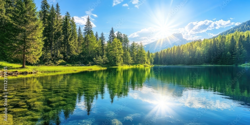 Fototapeta premium Tranquil clear lake water reflects sunlight, showcasing the stunning forest view in the background, creating a serene and picturesque scene of clear lake water and nature s beauty.