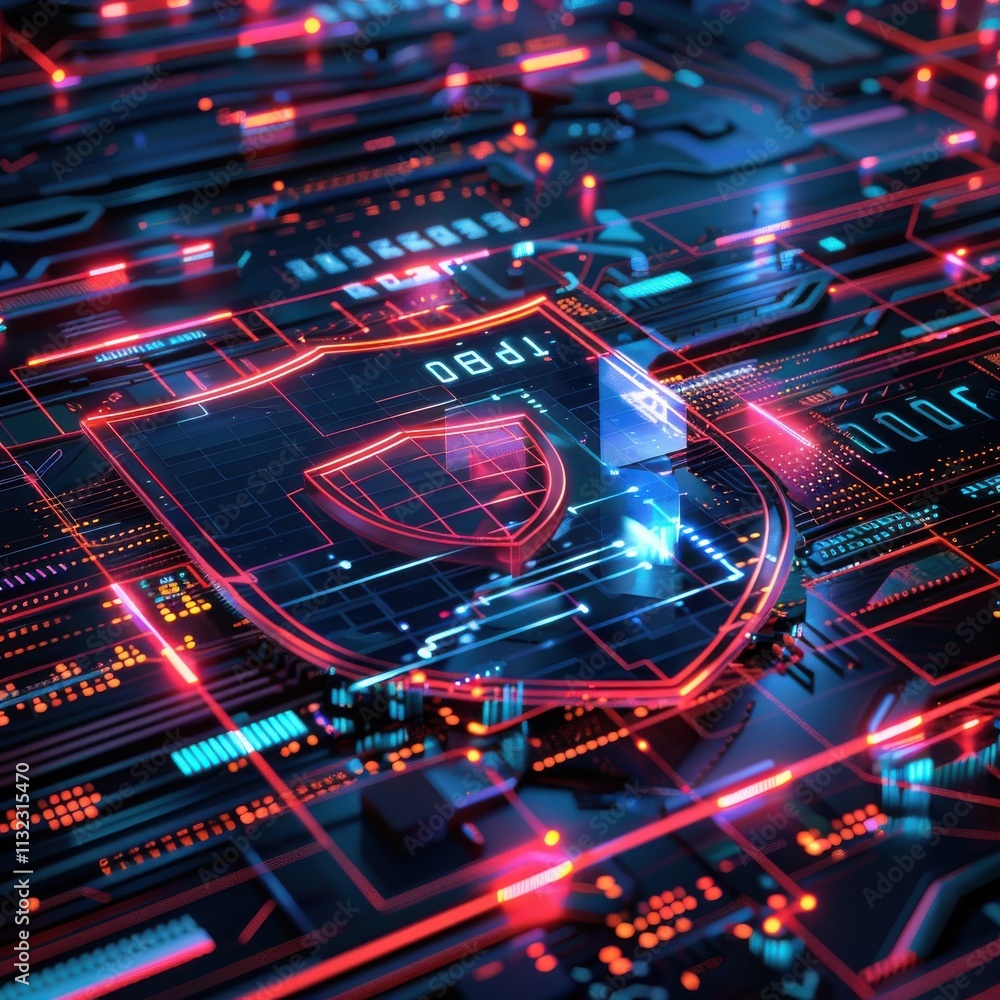 Fototapeta premium Futuristic digital shield icon on a glowing cyber network, representing data security 