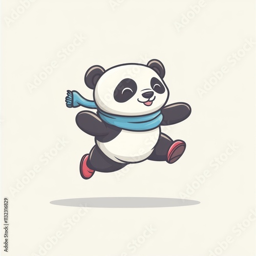 Happy panda cub wearing scarf and shoes joyfully leaping. photo