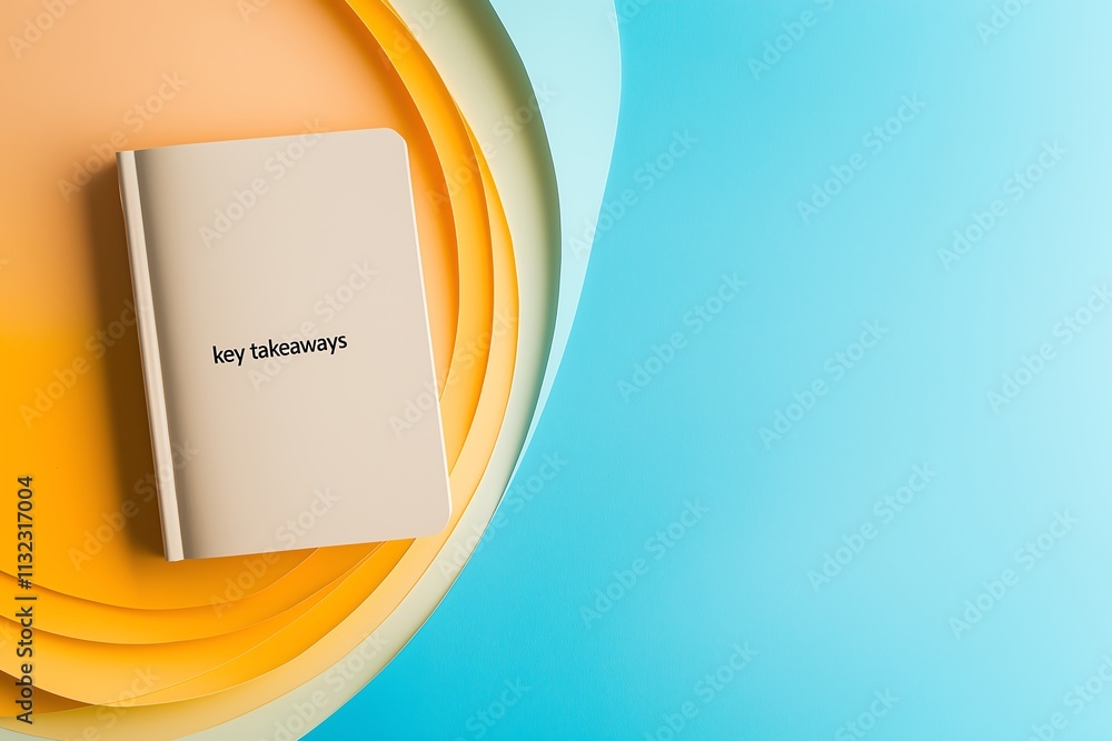 Creative flat lay of a book titled 'Key Takeaways' on vibrant layered paper background with blue and yellow tones, symbolizing learning and ideas.