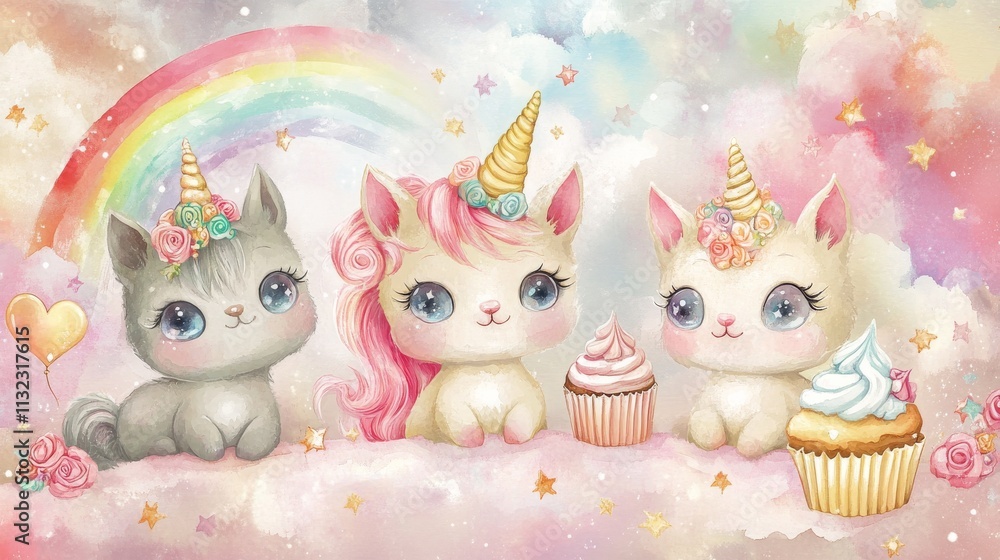 Fototapeta premium Pastel Pony Unicorn and funny Cat Unicorn with kawaii emoticons: cupcake, fulling star, rainbow, heart, happy crown icons set in soft colors for pajamas prints and greeting card, birthday party
