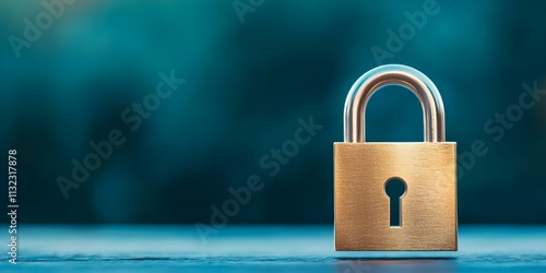 A shiny brass padlock set against a blurred blue-green background, highlighting its keyhole and sleek design. Concept Brass Padlock, Keyhole Focus, Blurred Background, Sleek Design, Color Contrast