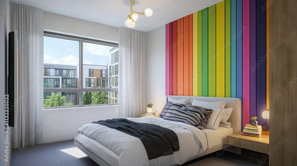 Fototapeta premium Modern Bedroom with Colorful Accent Wall and Natural Light