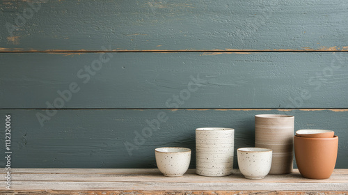 Elegant ceramic pots arranged on rustic wooden shelf, showcasing earthy nes photo