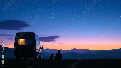 A serene evening scene featuring a camper van, a person, and a dog under a starry sky, with mountains and a colorful sunset in the background.