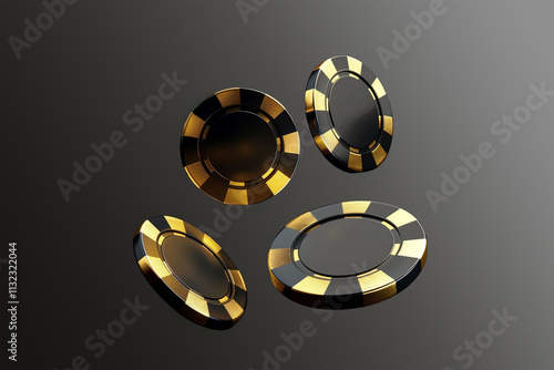 Four Black and Gold Casino Chips in Freefall