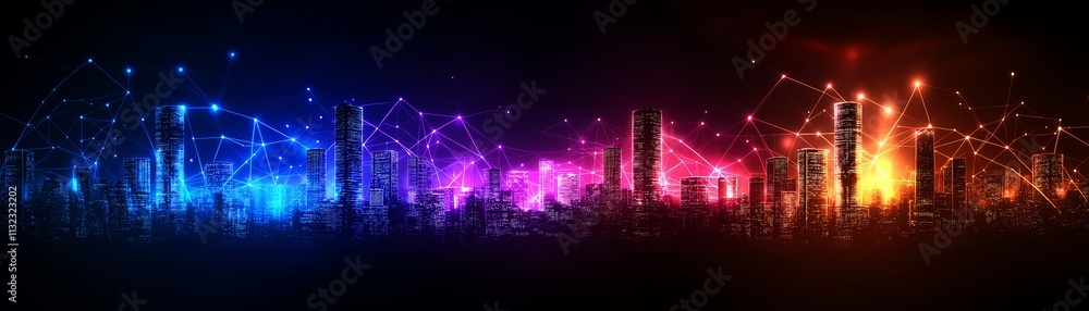 Fototapeta premium Vibrant digital cityscape with glowing neon lights, representing a futuristic urban environment. Connected nodes and lines illustrate technology networks under a starry sky.