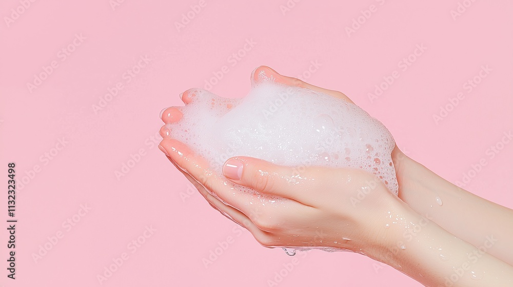 Fototapeta premium A close-up of hands washing with soap, depicted in a clean, minimal style with bubbles softly illustrated. Pink background.