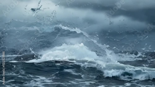 A breaching orca surrounded by turbulent ocean waves under a stormy sky. photo