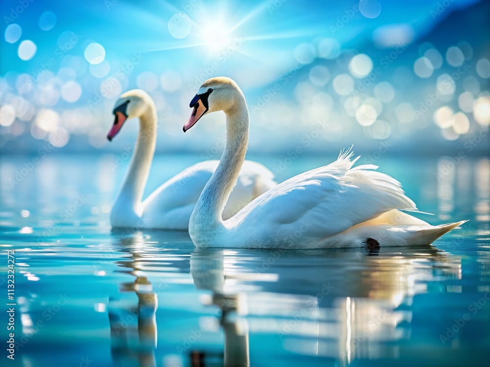 Fototapeta premium Two White Swans in Azure Water - Serene Aquatic Scene