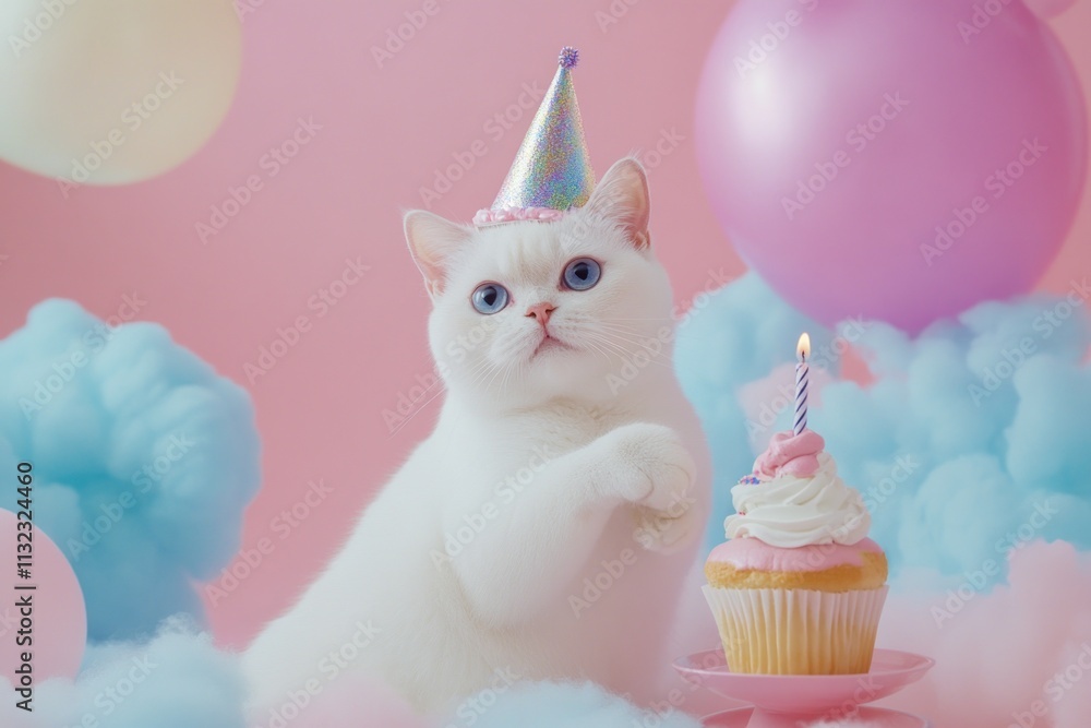 White cat in party hat with cupcake and balloons. White cat in party hat with cupcake and balloons.