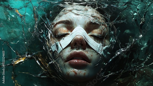 close-up portrait of stunning cyberpunk female, bandages clothing, floating fully immersed and wired in a futuristic vertical healing chamber, underwater, sci-fi white respirator mask photo