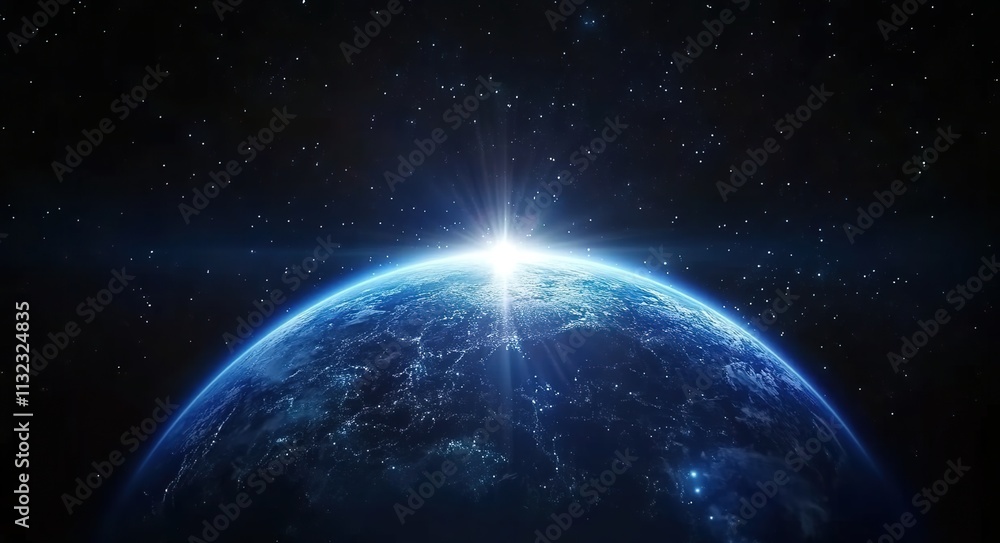 Fototapeta premium Blue Earth with glowing star light in space background