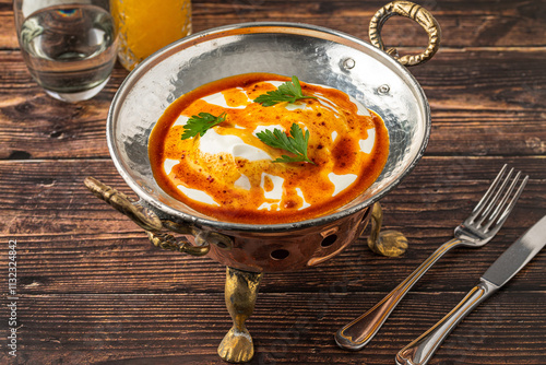 Poached egg Turkish name Cilbir, a classic Turkish dish, on a metal plate photo