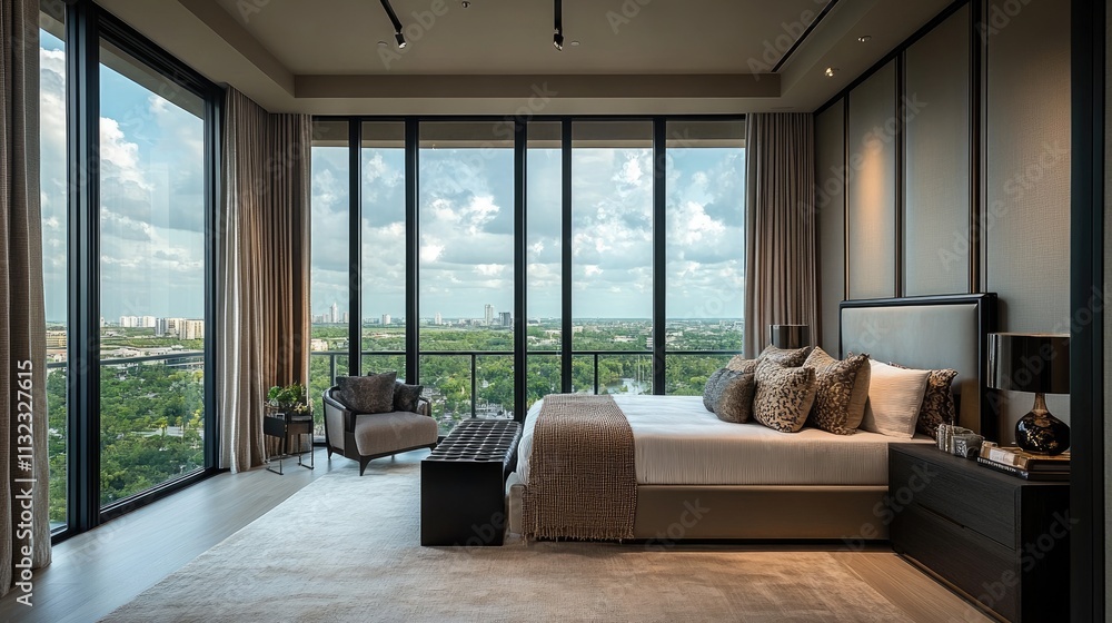 Fototapeta premium Modern Luxury Bedroom with Scenic City View and Natural Light