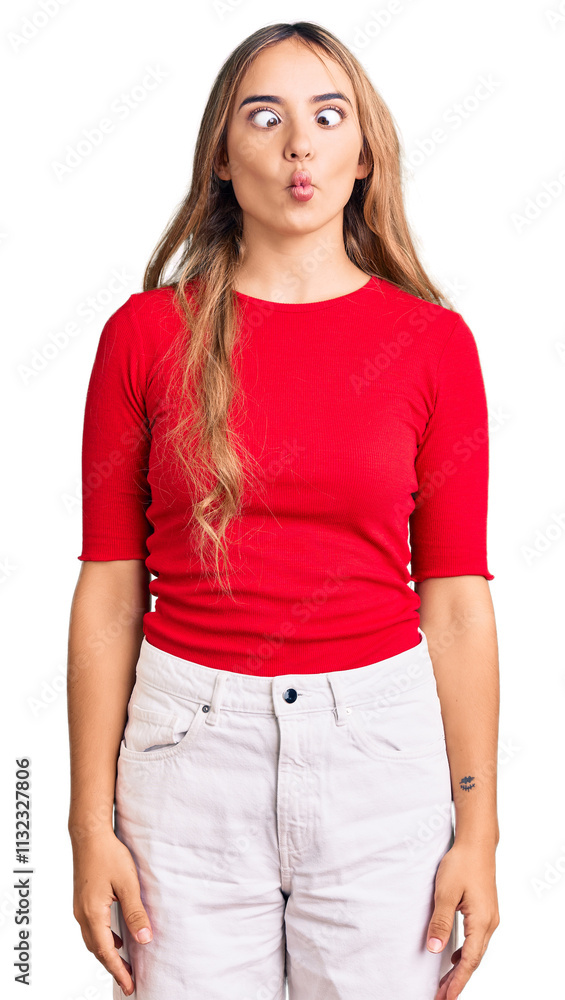 Fototapeta premium Young beautiful blonde woman wearing casual clothes making fish face with lips, crazy and comical gesture. funny expression.