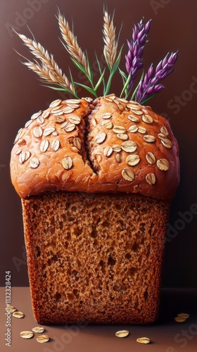 A Captivating Close-up of a Painted Oat Bread Loaf photo