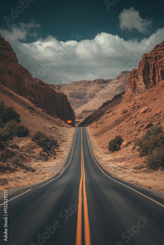 Empty highway in the desert, canyon walls on both sides, symmetrical composition. photo