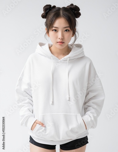 beautiful asian girl standing straight wearing a thick white hoodie . ai generate  