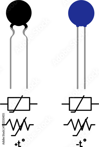 Illustration of two thermistors with corresponding circuit symbols, showcasing their physical appearance and schematic representation. Useful for educational and technical materials