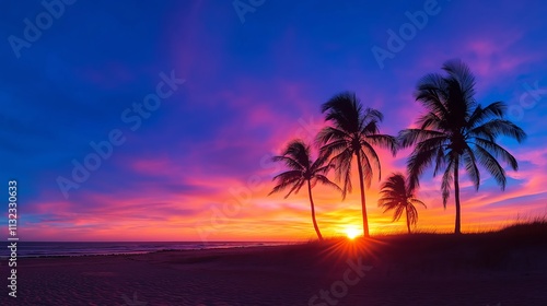 Vibrant tropical sunset with silhouetted palm trees against a colorful sky