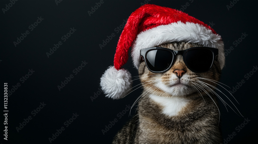 Stylish Cat in Santa Hat and Black Sunglasses Celebrating Christmas Stylish Cat in Santa Hat and Black Sunglasses Celebrating Christmas