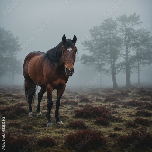 A horse on a foggy moor, surrounded by mystery and low-lying mist. photo