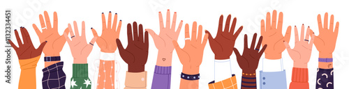 Volunteers hands up together banner. Many people raise upward open palms. Diverse arms in the air to support equality, vote, against racism. Flat isolated vector illustration on white background