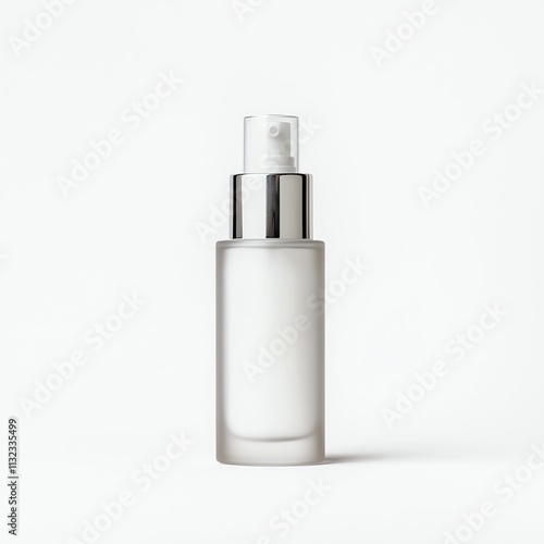 A sleek, frosted glass serum bottle with a silver pump top, designed for skincare applications.