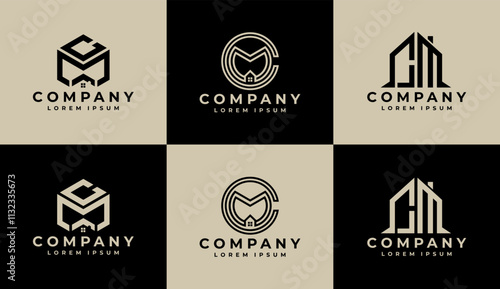 Luxury flat line letter C M CM logo branding set