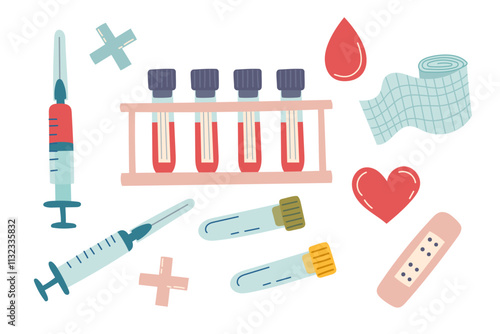 A set of medical facilities for blood draws isolated on white. The concept of medicine, blood collection and blood donation. Vector flat cliparts. 