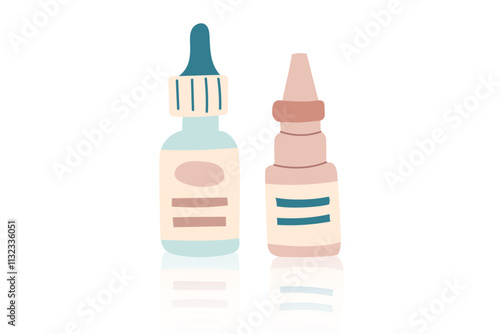 Nose drops and nasal spray bottles isolated on white. Concept of medicine, healthcare and cure. Vector flat clipart.