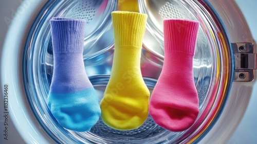 Colorful Socks Spinning in a Washing Machine Drum with Bubbles photo