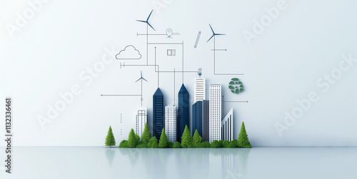 Abstract illustration of sustainable cityscape with wind turbines and greenery, emphasizing modern eco-friendly architecture and technology for a greener future. photo