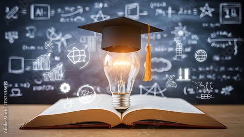 Wallpaper Mural Innovative Education Concepts: Graduation Cap, Lightbulb, and Knowledge Icons Representing Science, Technology, and Learning, graduation, MS, BS, PHD, M.PhiL Torontodigital.ca