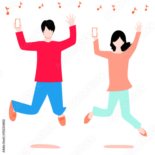 Illustration of a young man and woman jumping while holding a cell phone.