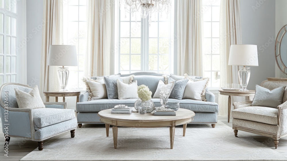 Fototapeta premium Elegant living room with light blue sofa, armchairs, coffee table, and natural light.
