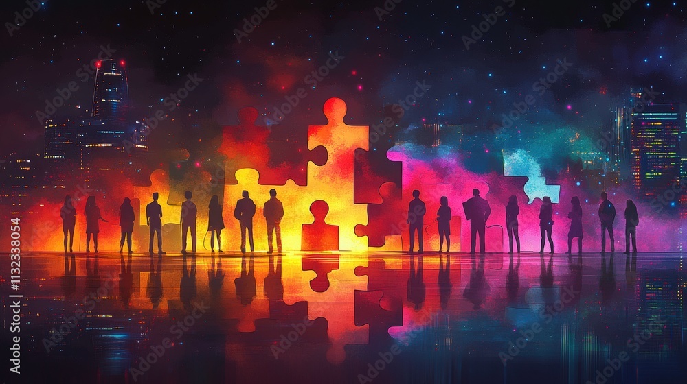 Obraz premium Diverse Silhouettes Against a Colorful Night Sky with Puzzle Pieces Symbolizing Teamwork, Unity, and Collaboration in an Urban Setting