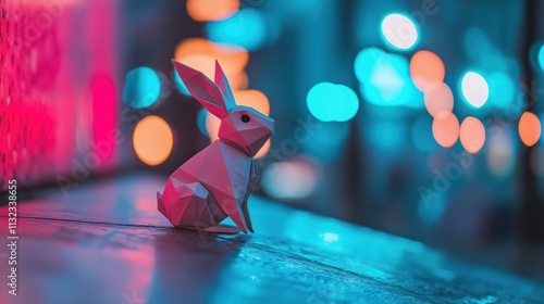 Leuchtender Origami-Hase in urbaner Kulisse photo