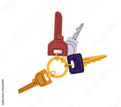 Bunch of steel keys with different sizes and shapes hanging on ring, keychain. Keyring, keyholder, chain, keyfob to lock house, postbox, door. Flat isolated vector illustration on white background