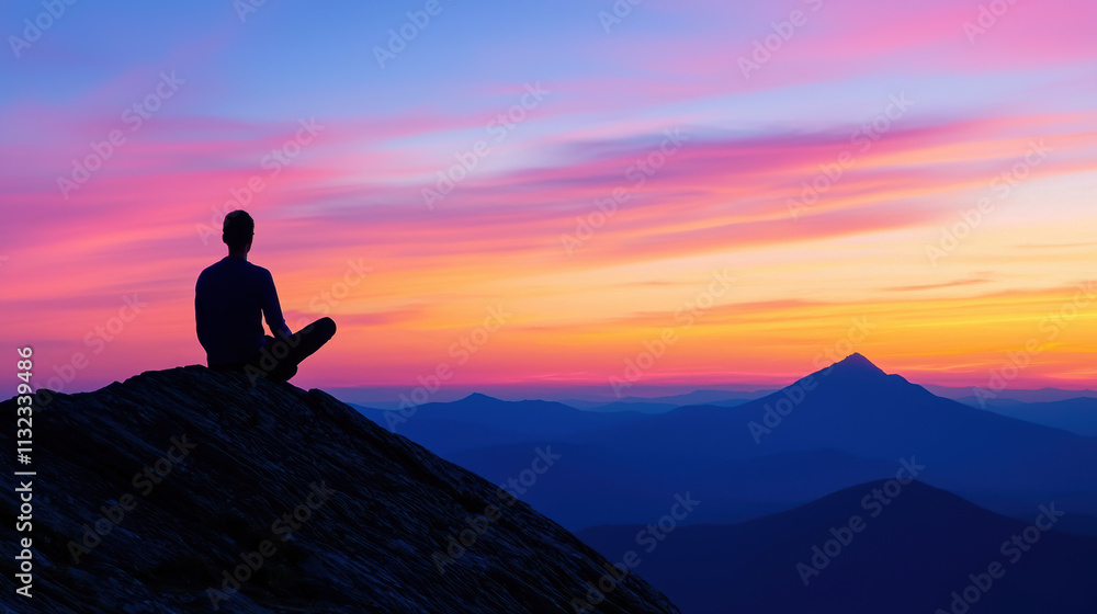 Obraz premium A silhouette of a person meditating at sunset, surrounded by mountains and vibrant colors in the sky. emotional well being.
