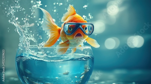 Goldfisch mit Taucherbrille springt aus dem Wasser