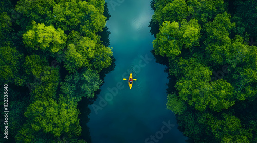 Aerial View Kayaking Jungle River - Drone Photo